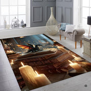 Miniature fantasy dragon with luminous orange wings resting on open spellbook illuminated by candlelight area rug. - thumbnail image 6 of 8
