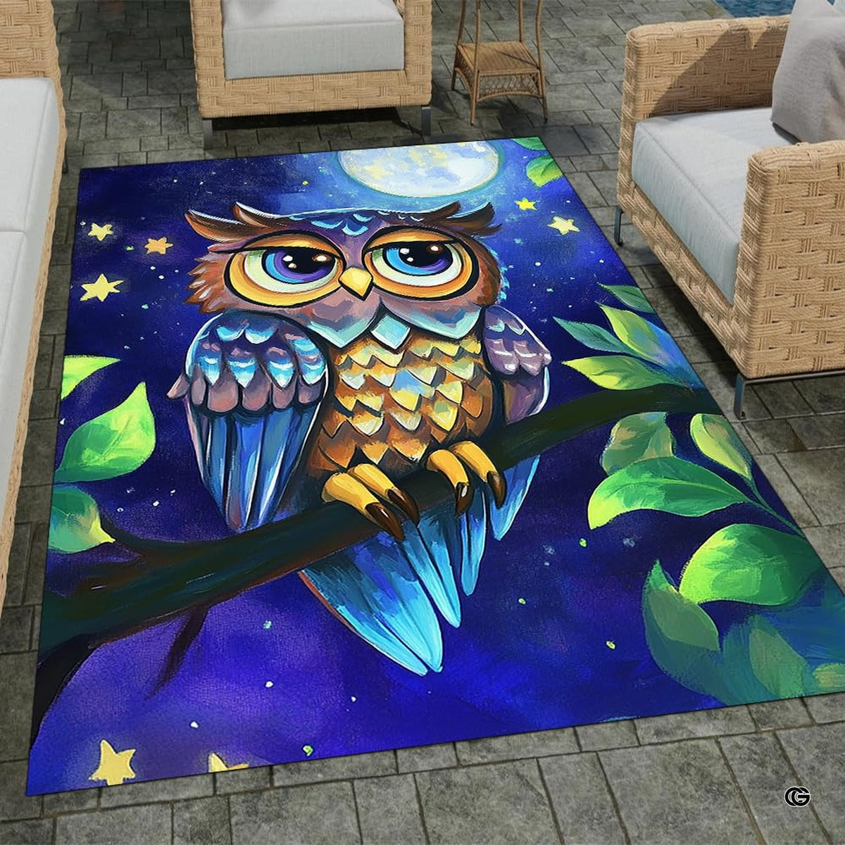 Full overhead view of whimsical owl area rug featuring glowing moon and starry indigo sky.