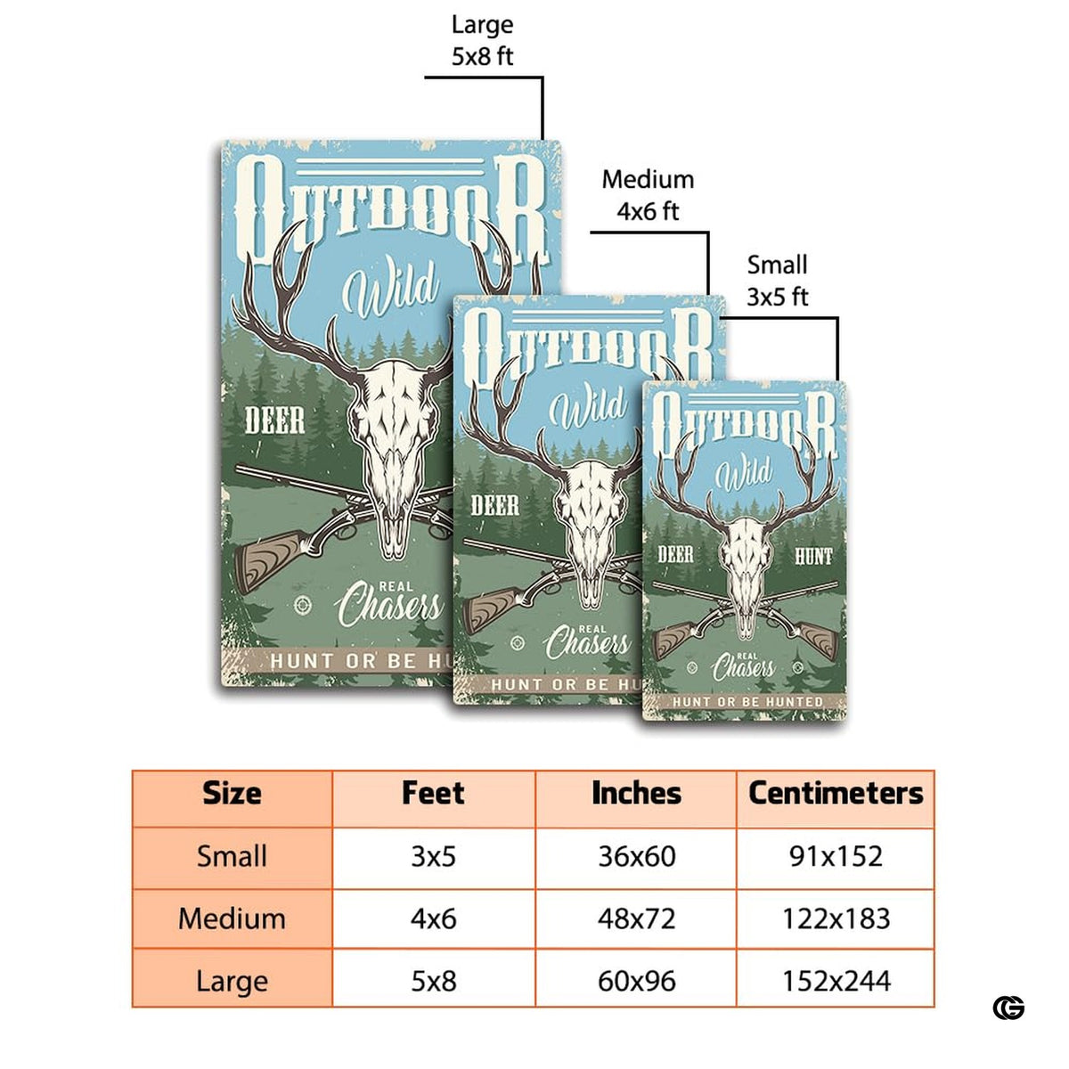 Detailed overhead view of rustic hunting lodge decor area rug featuring decorative accent antlers and reticle graphics.