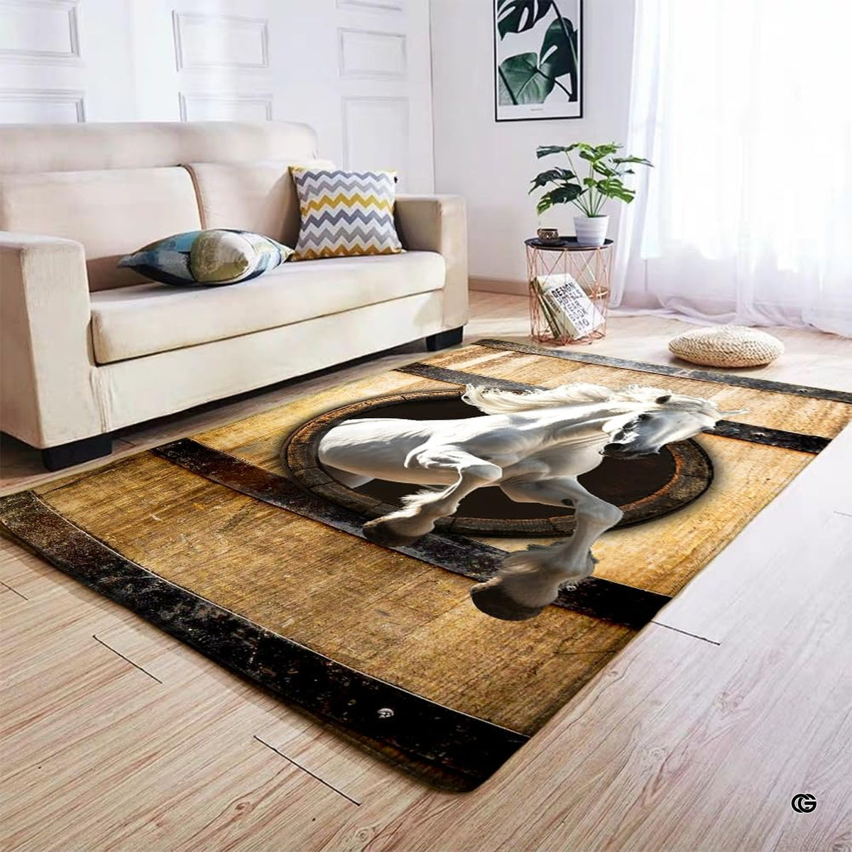 3D white horse barn door area rug styled on hardwood flooring in living room.