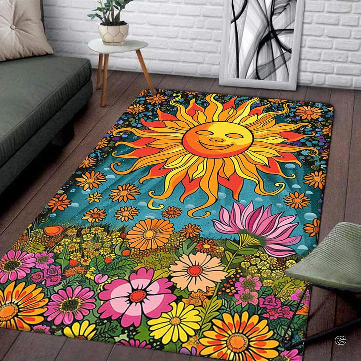 Retro psychedelic rug showcasing smiling sunburst and retro garden floral artwork on turquoise.