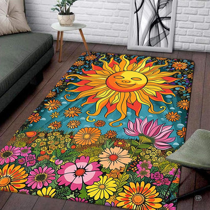 Retro psychedelic rug showcasing smiling sunburst and retro garden floral artwork on turquoise. - thumbnail image 1 of 5