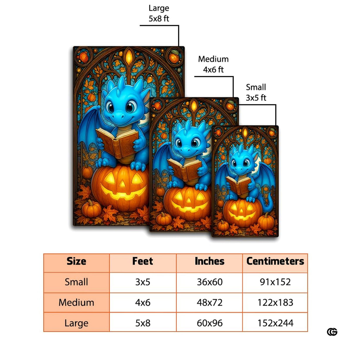Cute blue baby dragon reading a book seated atop a glowing Halloween pumpkin surrounded by autumn leaves area rug. - image 6 of 8