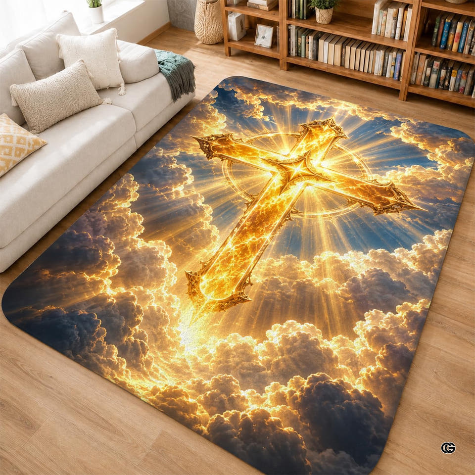 Golden Christian cross area rug displaying radiant filigree detailing against dramatic sky clouds.