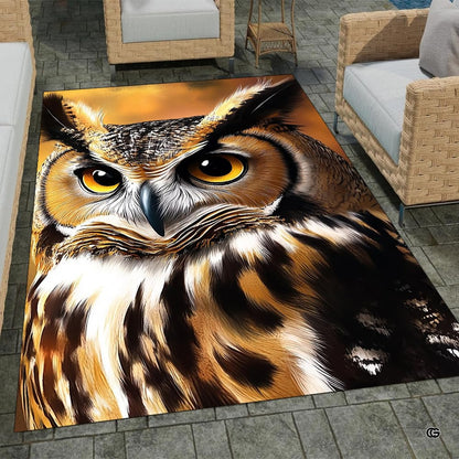 decorative accent horned owl area rug displayed on floor with detailed feather artwork and amber eyes. - thumbnail image 1 of 8