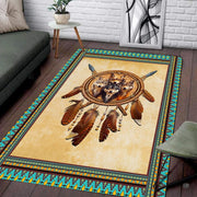 Infographic showing the non-skid dot backing and edge stitching of the wolf rug - thumbnail image 4 of 7