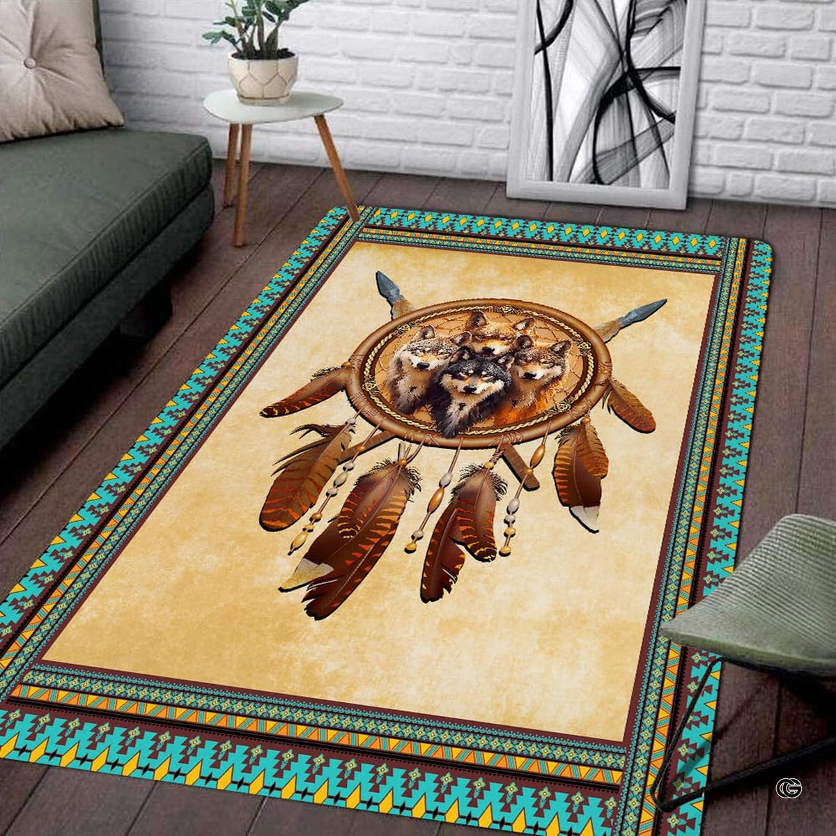 Infographic showing the non-skid dot backing and edge stitching of the wolf rug - image 4 of 7