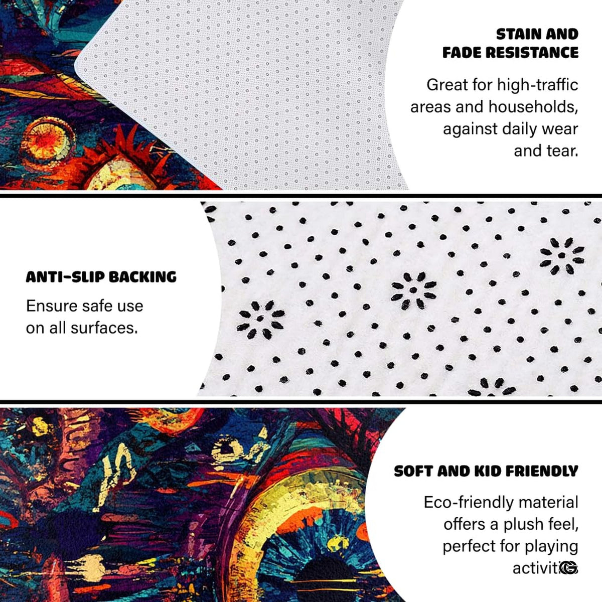 Surreal eye motifs in fiery orange, turquoise, and crimson red on an artistic area rug. - image 4 of 8