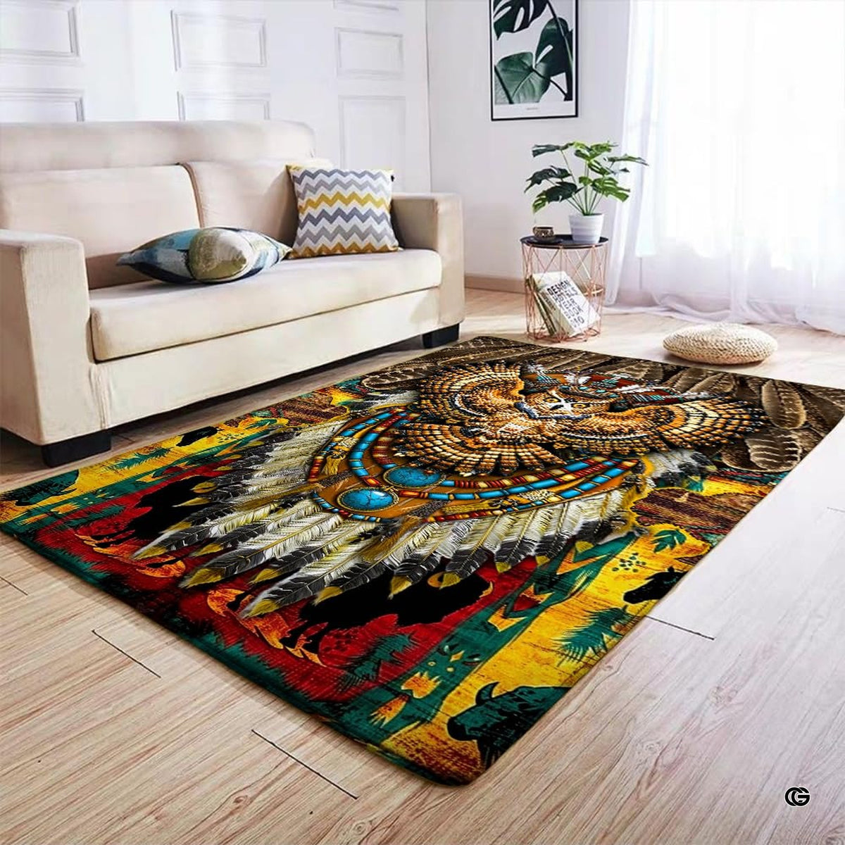 Bedroom layout showing the southwestern owl rug near wooden furnishings