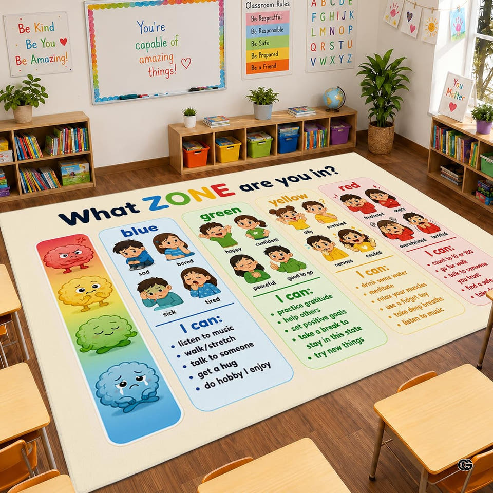 Classroom area rug featuring feelings and emotions chart with color-coded coping zones