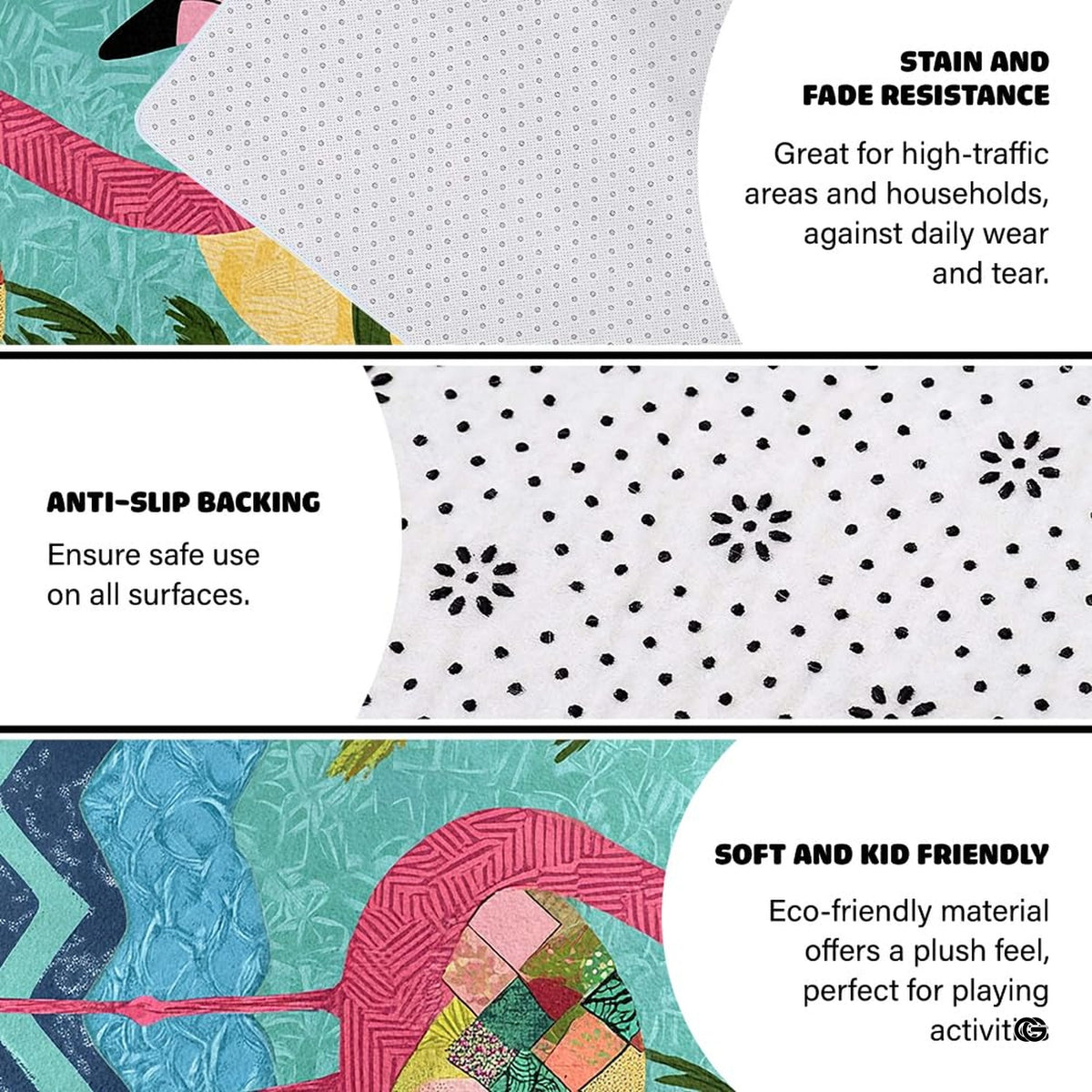 Detailed perspective of patchwork quilt wings and navy foliage on a tropical floor mat in turquoise hues. - image 2 of 7