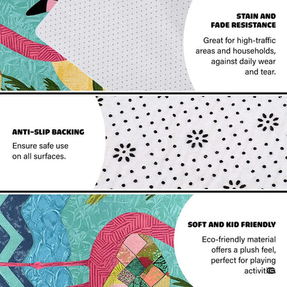 Detailed perspective of patchwork quilt wings and navy foliage on a tropical floor mat in turquoise hues. - thumbnail image 2 of 7