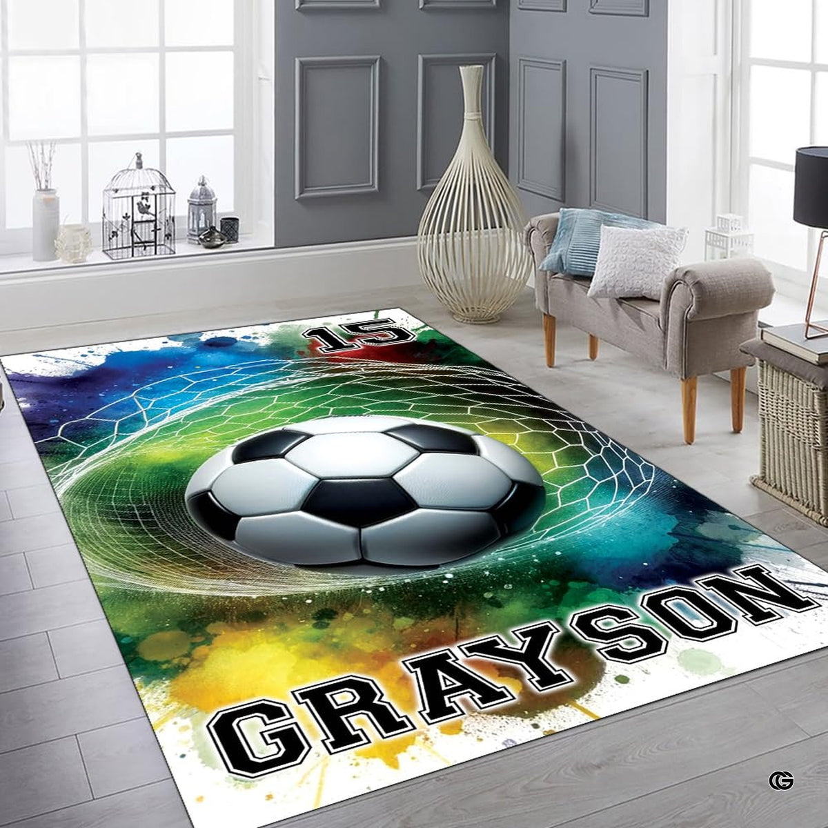 Dynamic kids soccer bedroom area rug styled with sports decor elements - image 6 of 8