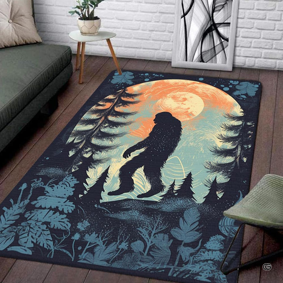 Nocturnal Bigfoot walking beneath glowing full moon in pine forest rectangular area rug.