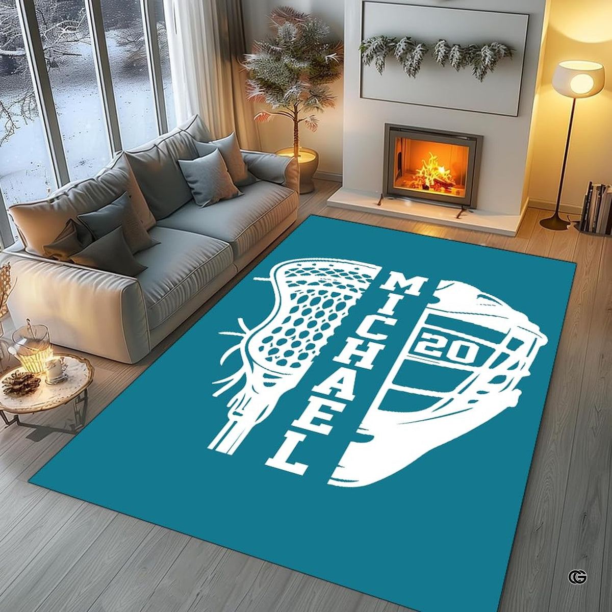 Detailed lacrosse stick pocket silhouette and block athletic typography centered on a floor mat.