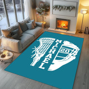 Detailed lacrosse stick pocket silhouette and block athletic typography centered on a floor mat. - thumbnail image 2 of 9