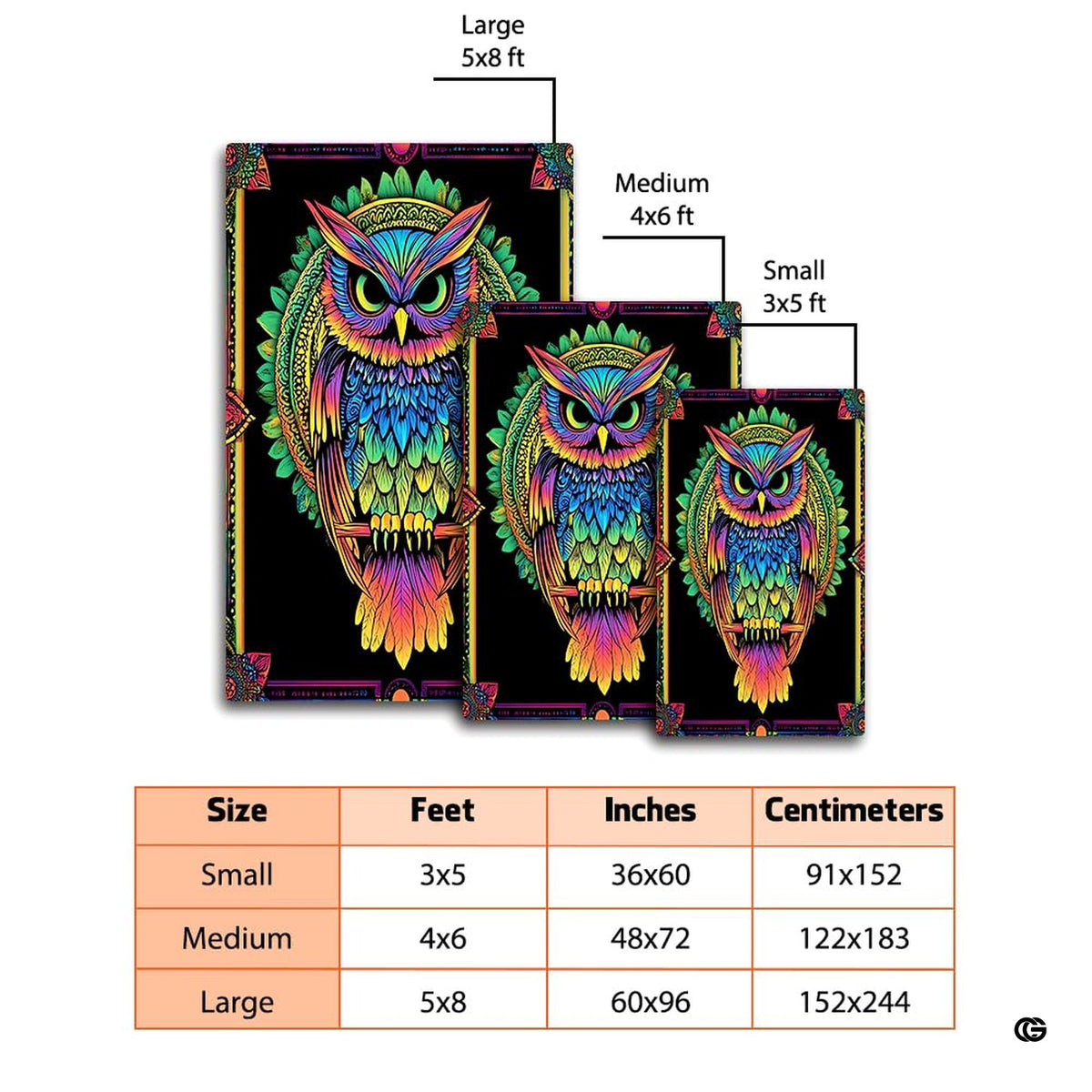Close-up of colourful owl mandala art showing intricate neon turquoise, fuchsia, and lime green feathers.