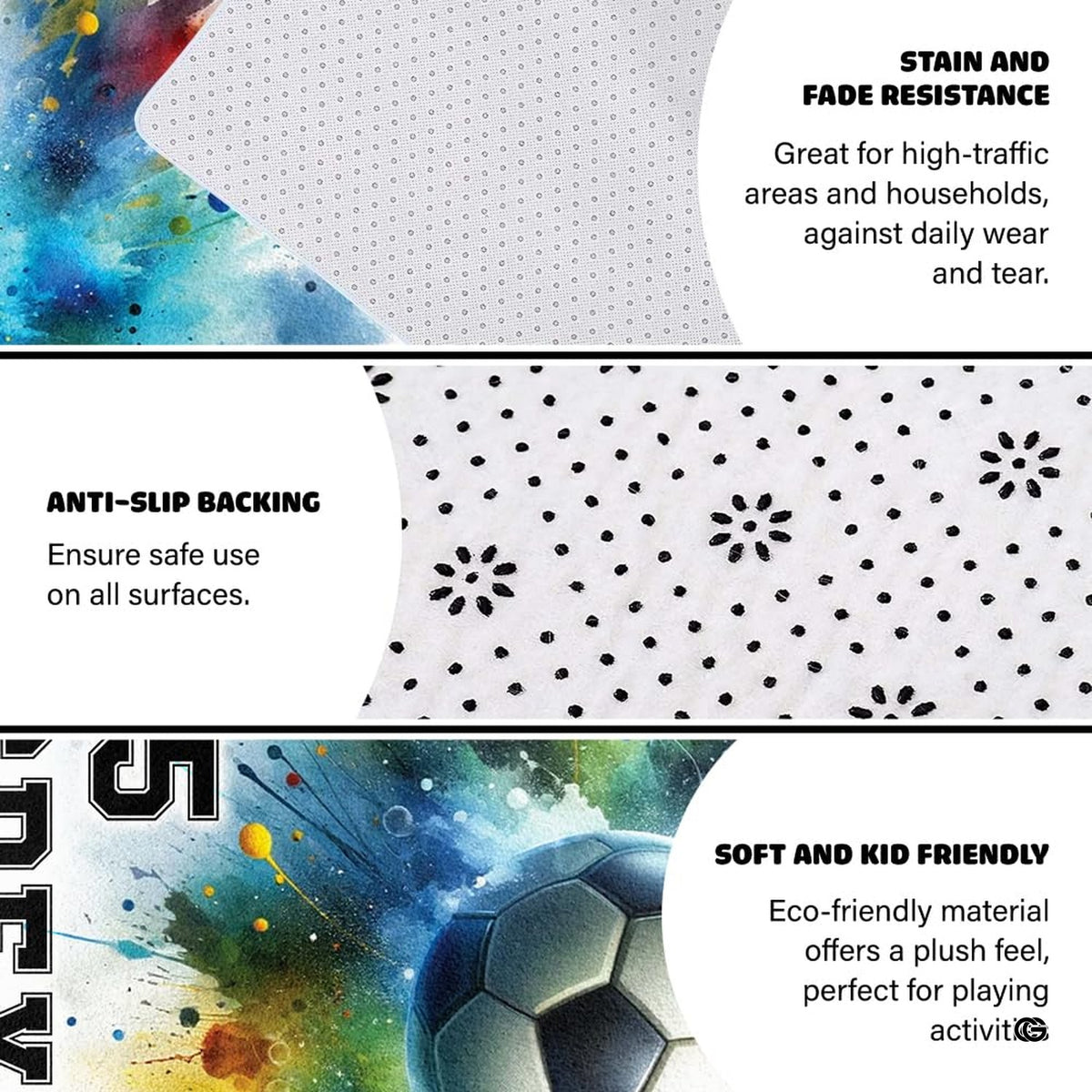 Vibrant sports soccer ball splash area rug styled inside a modern kids bedroom decor setting.
