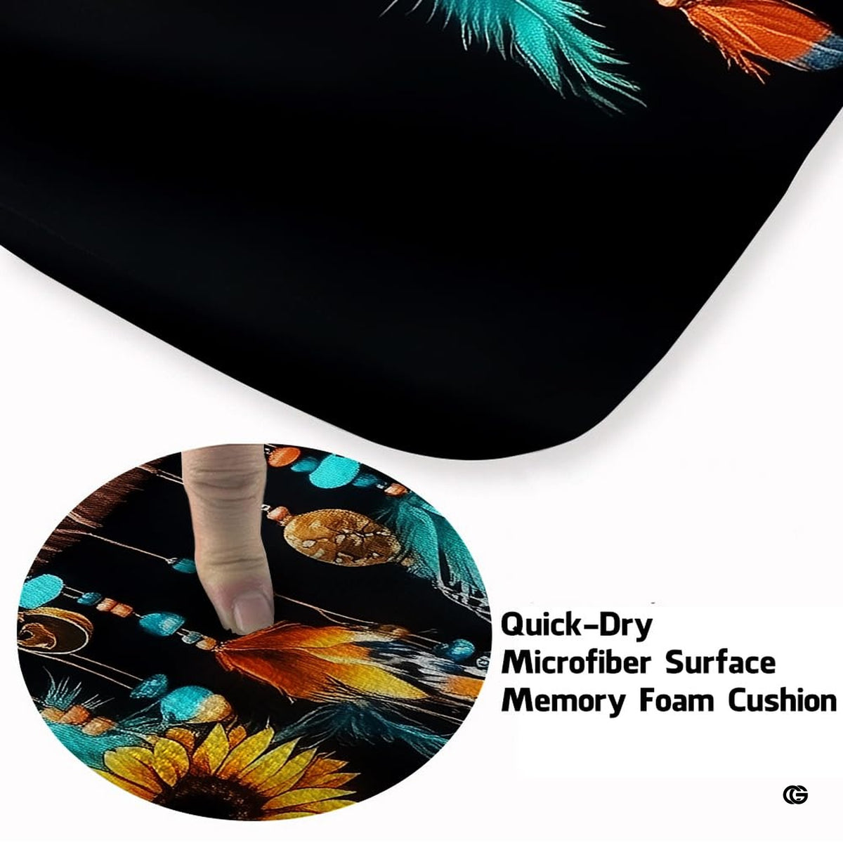 Detailed view of sunflower floor mats showing woven hoop artwork and rich orange feathered accents.