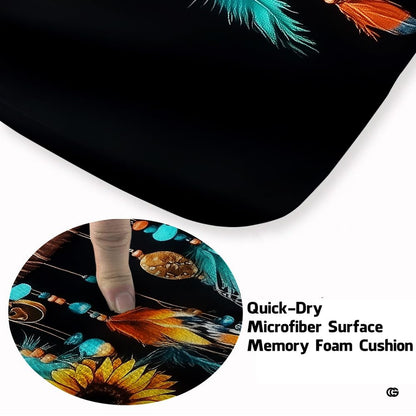 Detailed view of sunflower floor mats showing woven hoop artwork and rich orange feathered accents. - thumbnail image 3 of 7