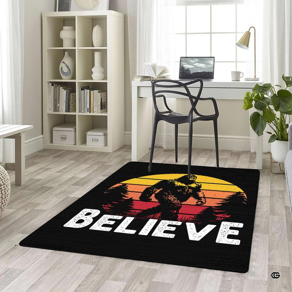 Chillgen area rug with Sasquatch woodland illustration and vintage dusk colors arranged in a home lounge.