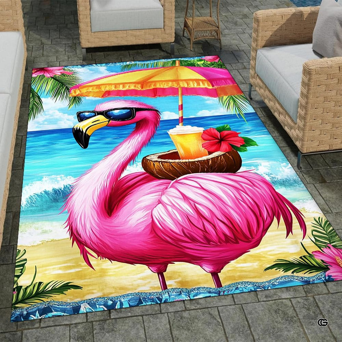Angle view highlighting rich pink and azure hues of the tropical beach artwork. - image 7 of 8