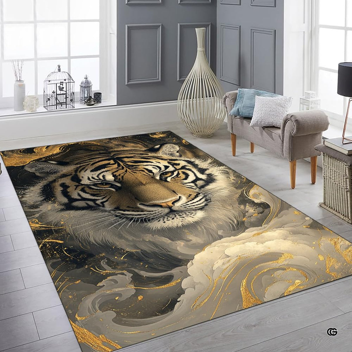 Room styling view showing Bengal tiger area rug paired with dark wood furniture and decorative accent ambient illumination.