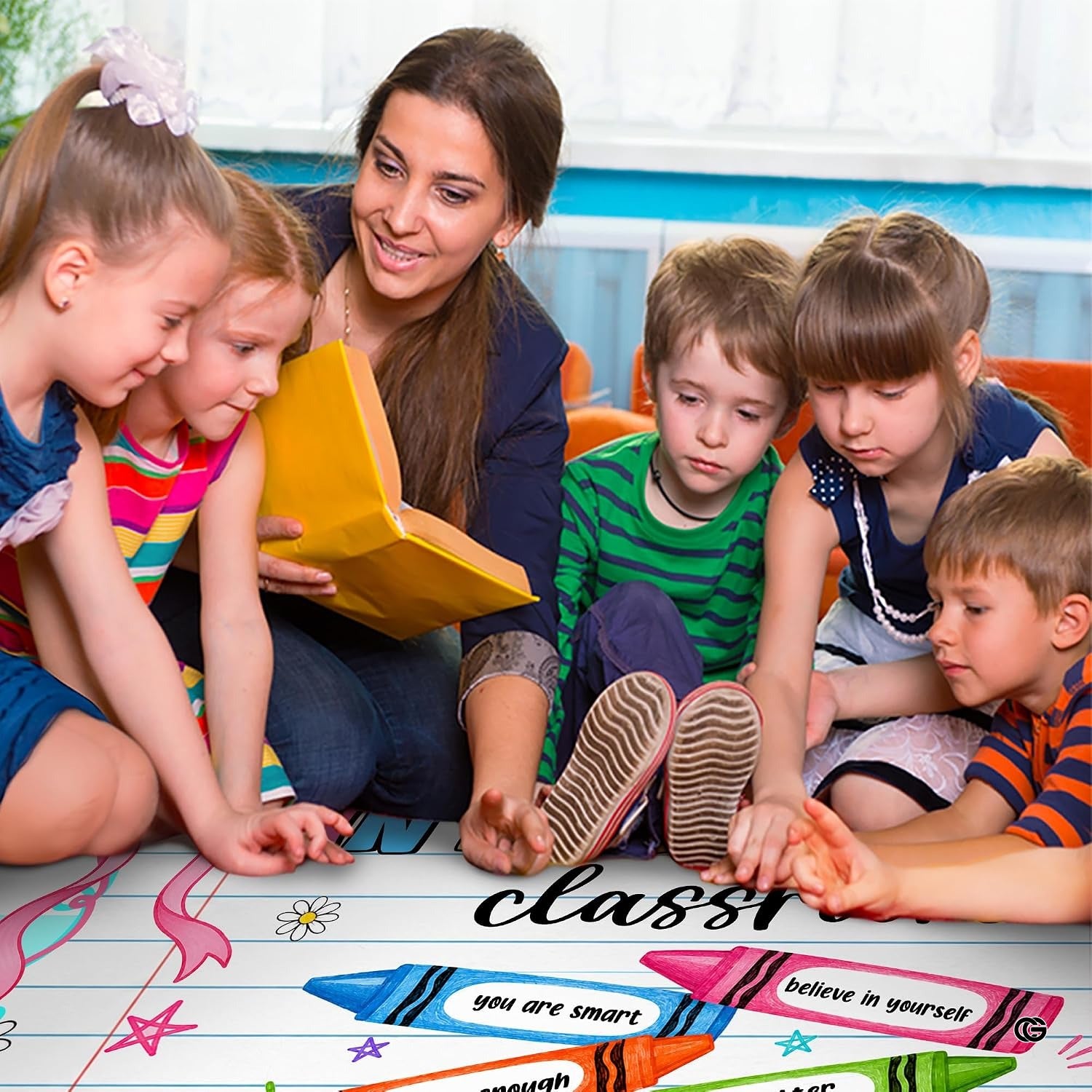 Personalized Teacher Classroom Rug, Custom Back to School Welcome Mat with Name, Kindergarten Preschool Elementary Decor, Composition Notebook Carpet (A06)