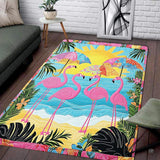 Living room setup with couch and white brick wall showcasing tropical beach flamingo umbrellas area rug