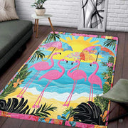 Living room setup with couch and white brick wall showcasing tropical beach flamingo umbrellas area rug - thumbnail image 1 of 8