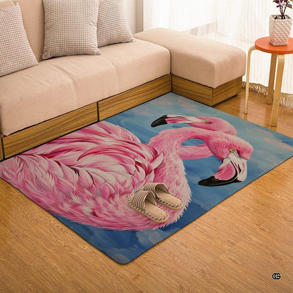 Home lounge setup displaying the graceful pink flamingo pair floor carpet - thumbnail image 7 of 7