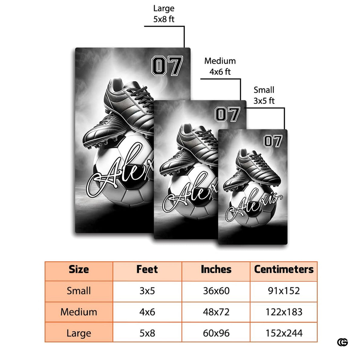 Dimension comparison chart displaying multiple size formats for this soccer cleats area rug. - image 2 of 8