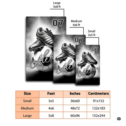 Dimension comparison chart displaying multiple size formats for this soccer cleats area rug. - thumbnail image 2 of 8