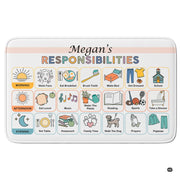 Kids chore chart area rug displaying color-coded daily routine cards in pastel tones on white background. - thumbnail image 1 of 8