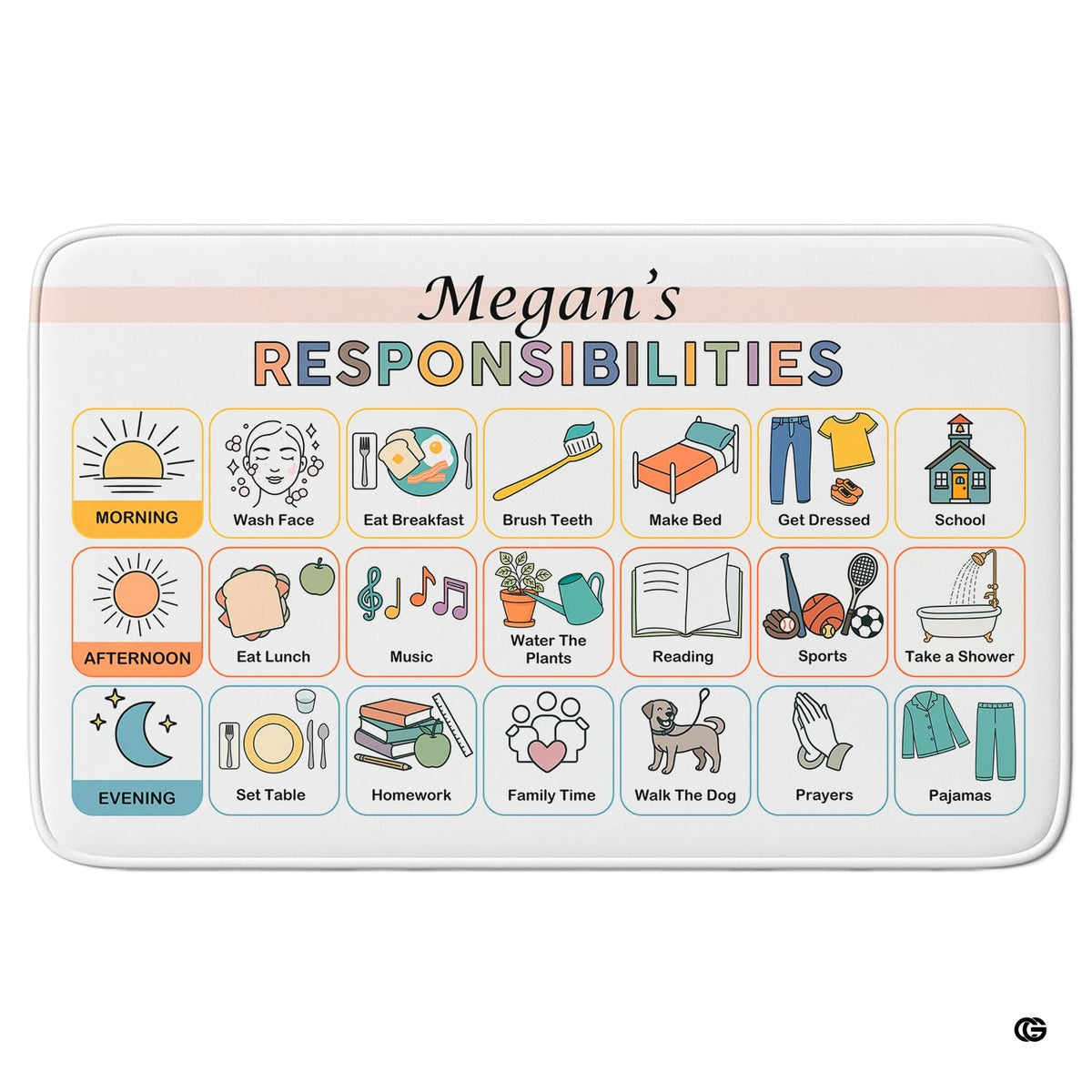 Kids chore chart area rug displaying color-coded daily routine cards in pastel tones on white background. - image 1 of 8