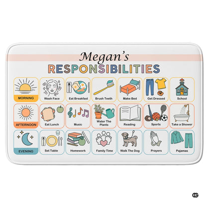 Kids chore chart area rug displaying color-coded daily routine cards in pastel tones on white background. - thumbnail image 1 of 8