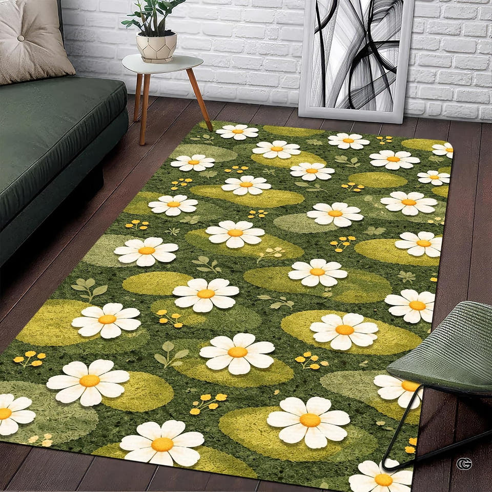 White daisy print area rug centered in a bright modern lounge.