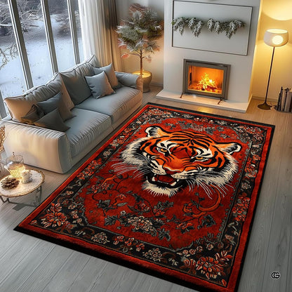 Living room arrangement showing the crimson red oriental tiger rug on wooden floor - thumbnail image 5 of 8