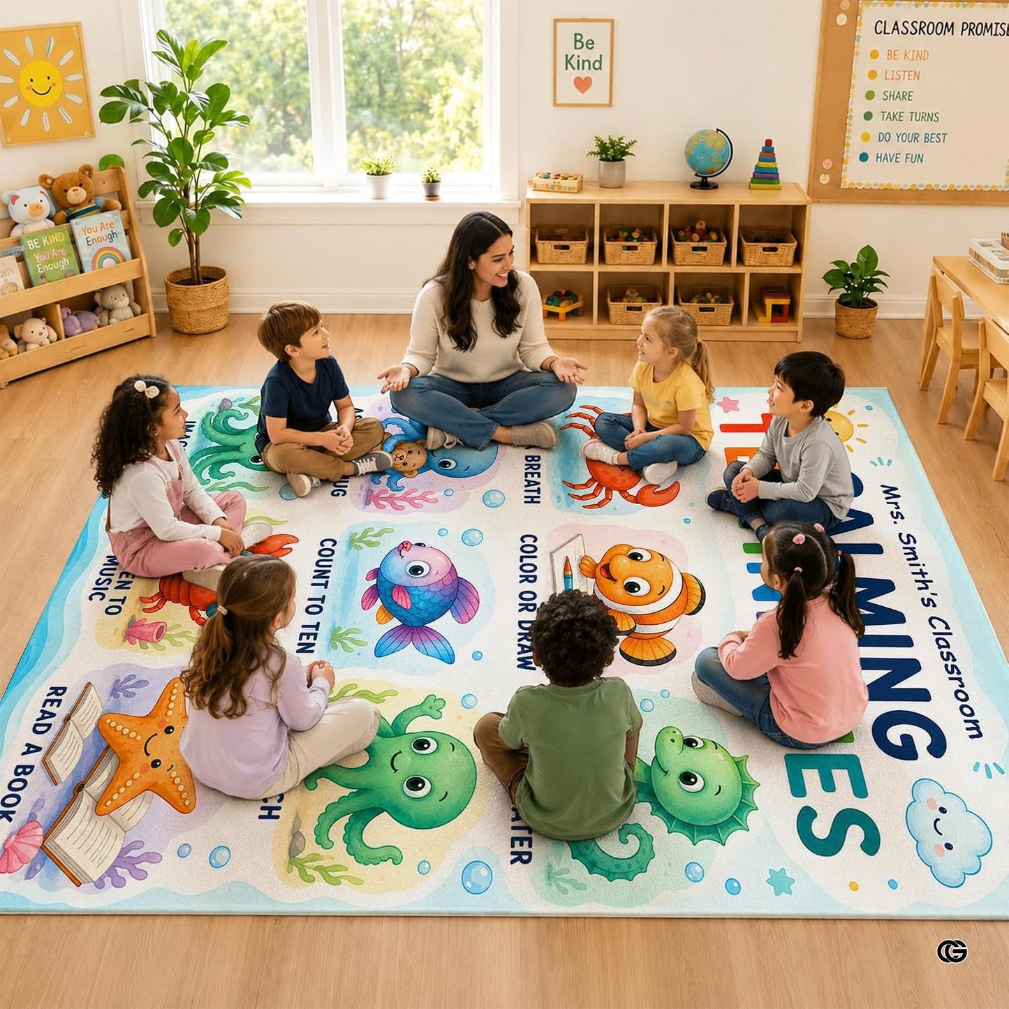 Personalized Teachers Classroom Rug, Custom Teacher Name Classroom Rules Area Rug, Feeling Chart Calming Corner Mat, Kindergarten Educational Back to School Class Decor (D8)