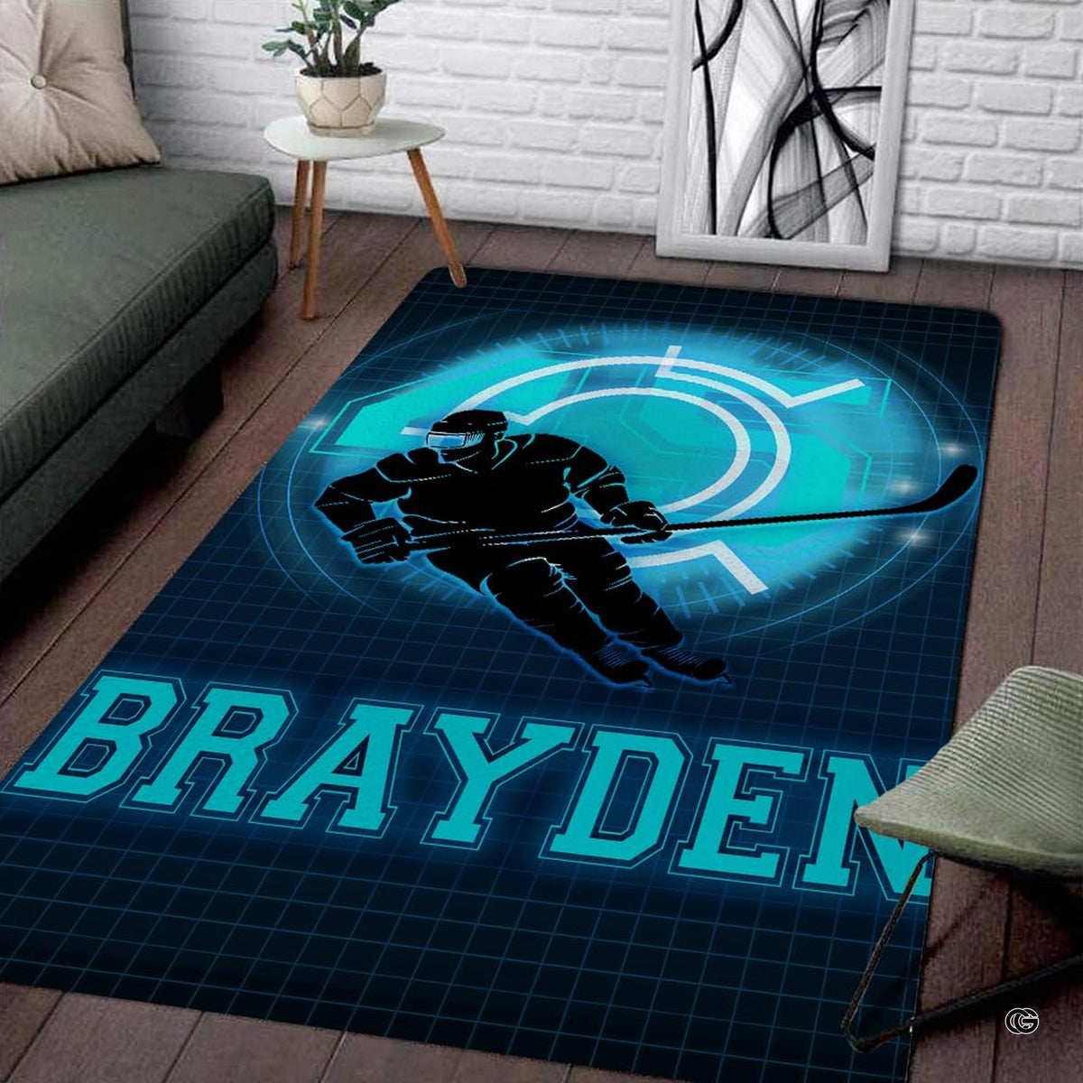 Cyber neon ice hockey player living room area rug with glowing cyan target grid - image 1 of 7