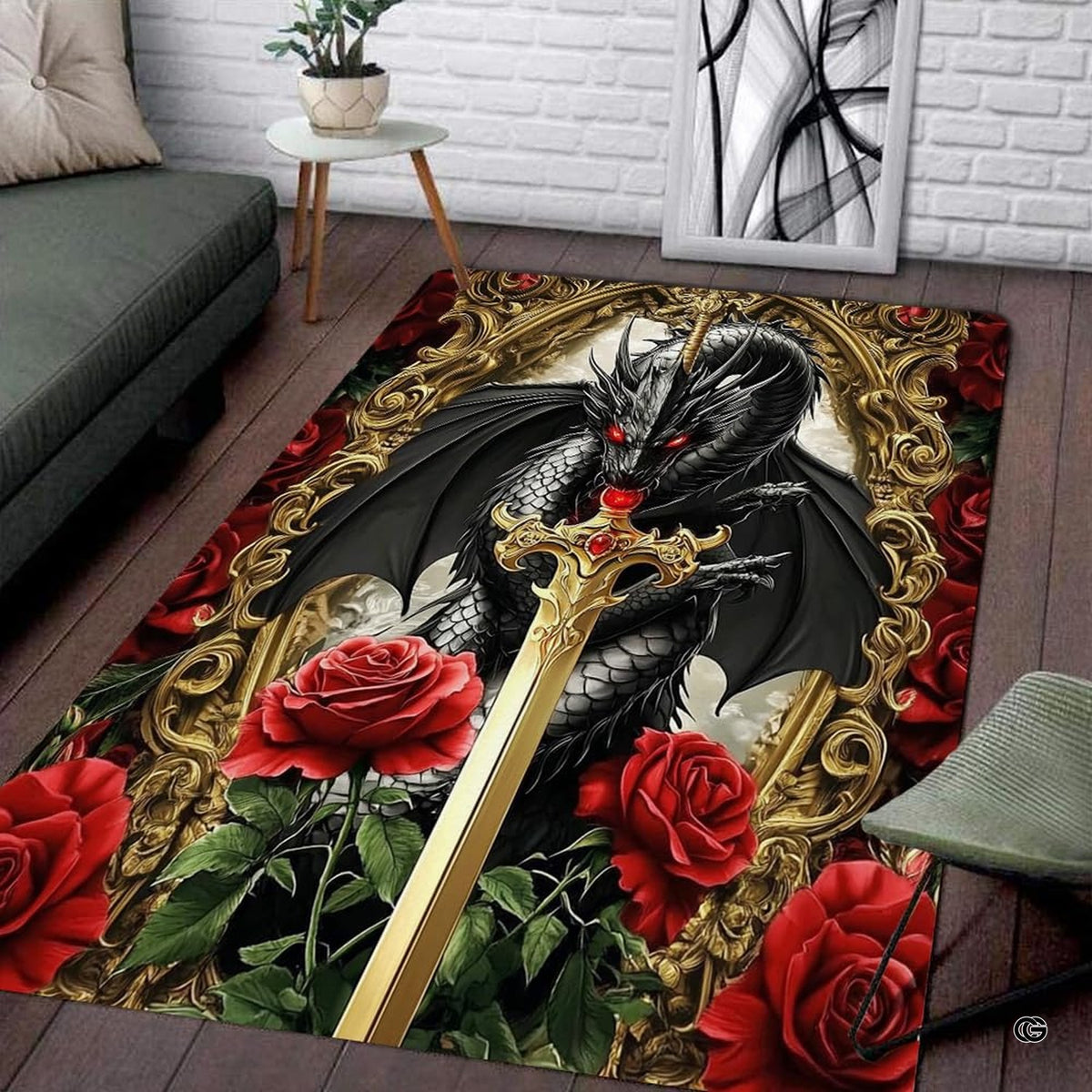 Victorian gothic area rug displaying an intricate royal sword and dark dragon perched over red floral accents.