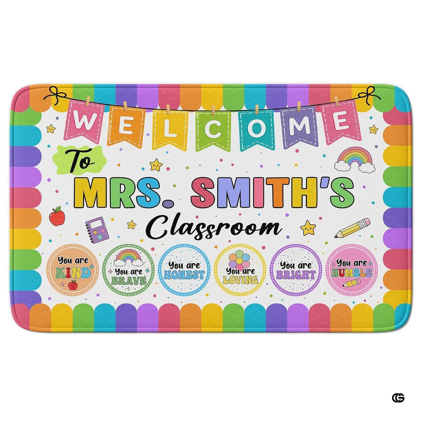 Personalized Teacher Classroom Rug, Custom Back to School Welcome Mat with Name, Kindergarten Preschool Elementary Decor, Composition Notebook Carpet (A03)