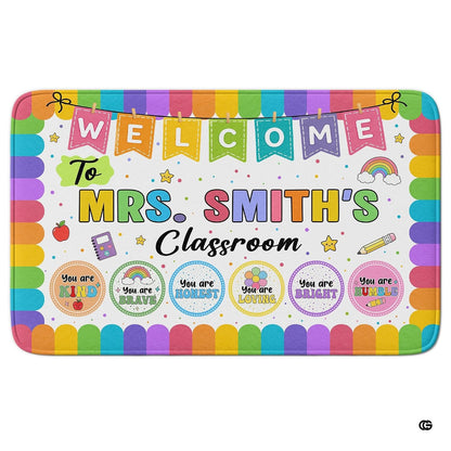 Personalized Teacher Classroom Rug, Custom Back to School Welcome Mat with Name, Kindergarten Preschool Elementary Decor, Composition Notebook Carpet (A03)