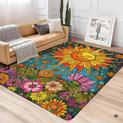 Close-up perspective of the smiling radiant sun illustration on the vintage psychedelic rug motif. - thumbnail image 4 of 5