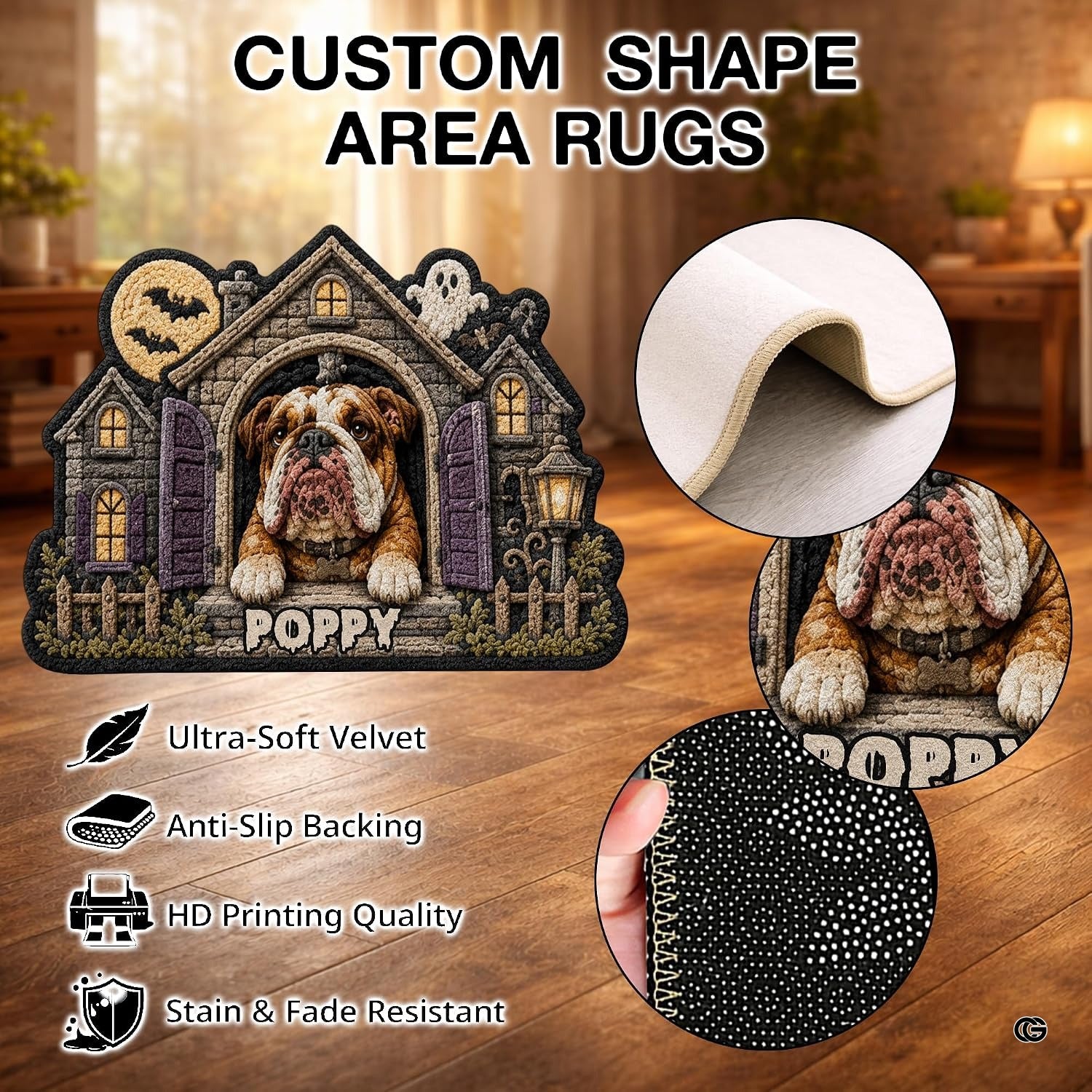 Custom Dog Photo Rug, Personalized Pet Portrait Area Mat Non Slip Indoor Door Rug for Dog Lovers, Welcome Home Decor Halloween (Haunted House)