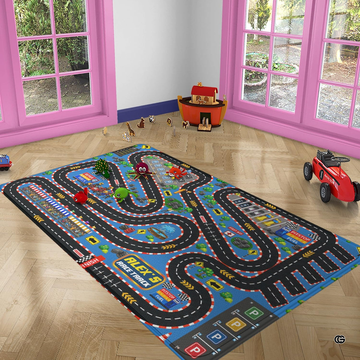 thematic accent thematic accent circuit floor rug styled in a bright modern children's playroom - image 7 of 9