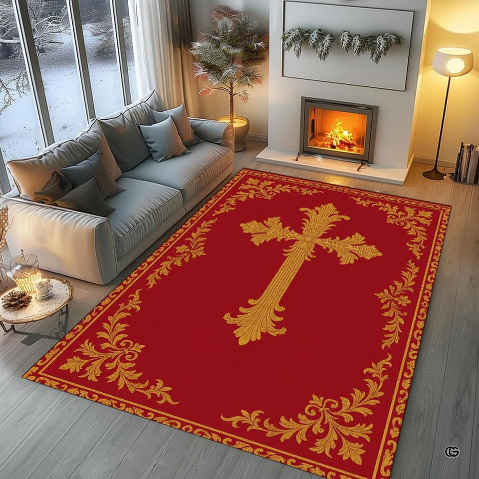 Custom Christian Rug with Name – Inspirational Faith Floral Area Carpet, Non-Skid Floor Mat for Bedroom, Living Room, Church Decor, Housewarming (Corss Faith 03)