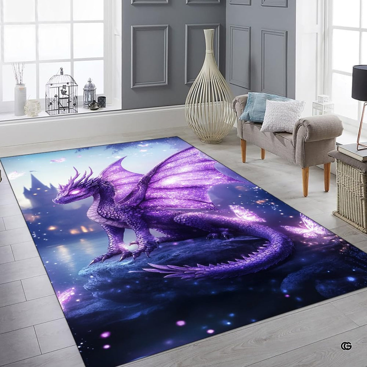 Cozy bedroom setting with the mystical purple dragon rug placed beside a wooden bed frame - image 6 of 7