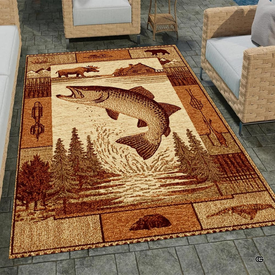 Rustic cabin wildlife salmon bear moose sepia area rug on outdoor patio pavers