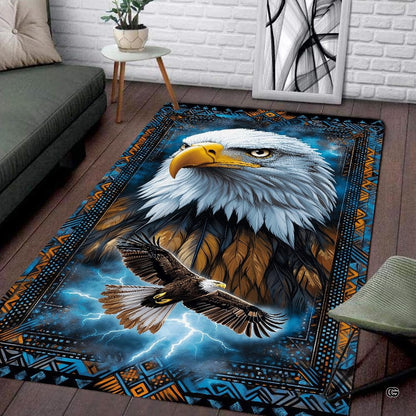 Overhead view of bald eagle tribal animal rug featuring soaring raptor and vivid cyan geometric border. - thumbnail image 1 of 7
